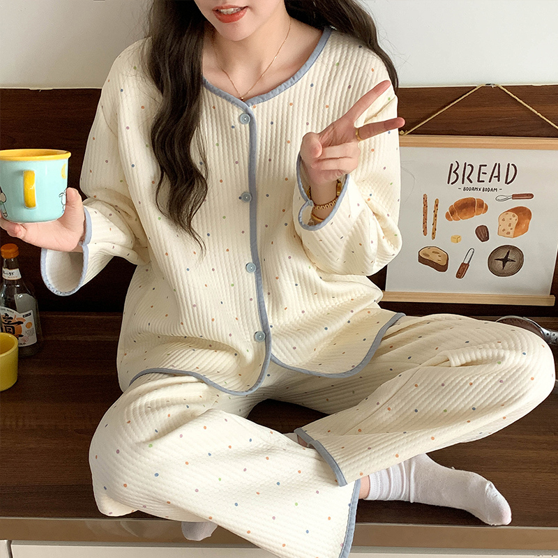 冬季新款睡衣女空气夹层V领开衫长袖长裤舒适保暖家居服两件套装