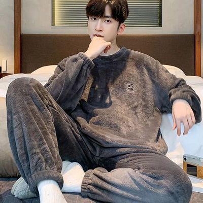 韩版ins风字母睡衣男士秋冬季珊瑚绒薄款加绒大码法兰绒家居服