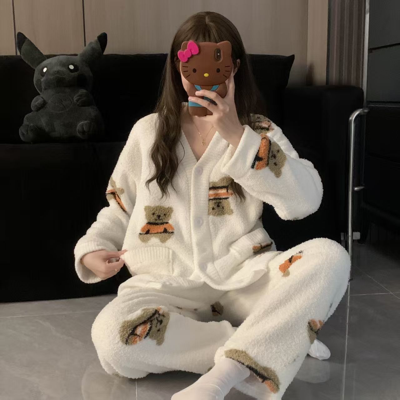 可爱小熊半边绒睡衣冬季韩版套装