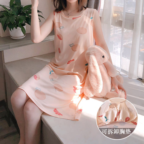 带胸垫背心无袖坎肩中长款睡裙
