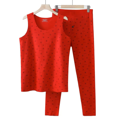 男士无痕保暖背心套装红色新年款