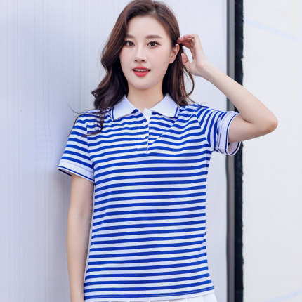 翻领海魂衫女装蓝白条纹衬衫纯棉短袖t恤夏季有领半袖海军POLO衫