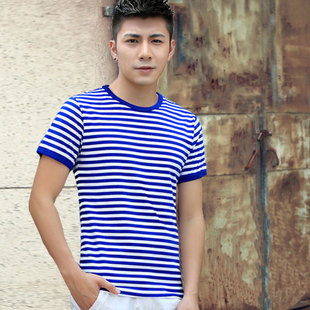 海魂衫 半袖 短袖 圆领工作服男女纯棉T恤男装 t恤蓝白条纹情侣款 夏季