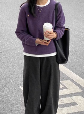 紫色毛衣女秋冬季2025新款韩系慵懒风高级感奶呼呼软糯套头上衣厚
