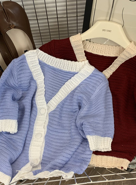 蓝色小香风短袖针织衫女夏2023新款薄款开衫设计感短款冰丝上衣潮