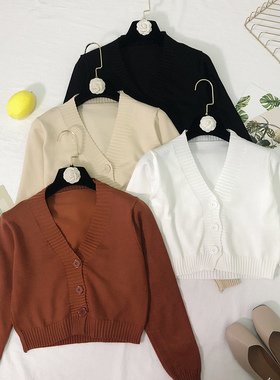 短款高腰毛衣小外套女2018秋装韩国新款纯色宽松百搭针织小开衫潮