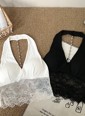 小心机纯欲深V领蕾丝链条美背百搭外穿背心性感短款透视露脐上衣