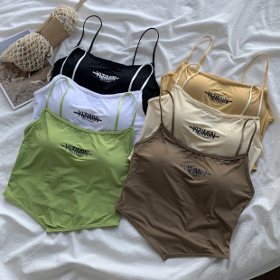 纯欲性感辣妹U领冰丝露腰冰丝带胸垫吊带背心女外穿短款 上衣 无袖