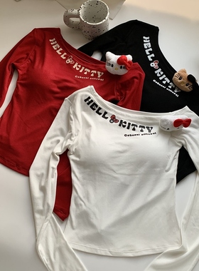 春秋美式辣妹红色长袖斜肩T恤女早秋露肩打底衫修身内搭短款上衣