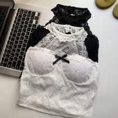 蕾丝拼接白色挂脖吊带背心女夏季 带胸垫内搭辣妹性感短款 上衣外穿