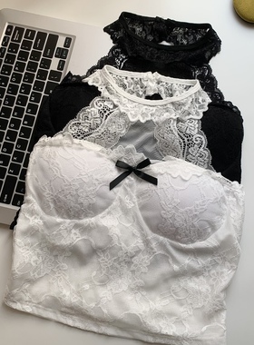 蕾丝拼接白色挂脖吊带背心女夏季带胸垫内搭辣妹性感短款上衣外穿