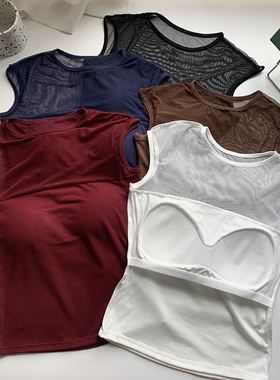 纯欲带胸垫短袖t恤女夏季2025新款拼接修身直播性感网纱微透上衣