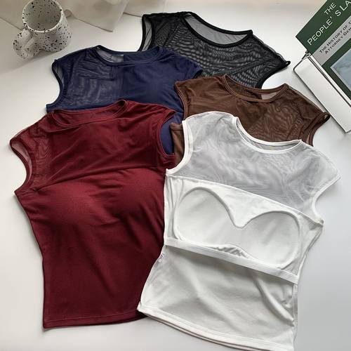 拼接修身直播性感网纱微透上衣