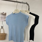显瘦轻薄温柔风纯欲短袖 夏季 圆领收腰辣妹蓝色背心t恤女修身 上衣