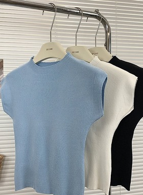 夏季圆领收腰辣妹蓝色背心t恤女修身显瘦轻薄温柔风纯欲短袖上衣