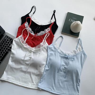 纯欲蕾丝花边蝴蝶结吊带上衣女短款春夏外穿甜辣背心带胸垫打底衫