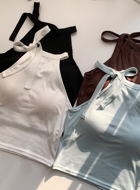 白色带胸垫挂脖吊带小背心女夏季外穿辣妹高级感绝美无袖短款上衣
