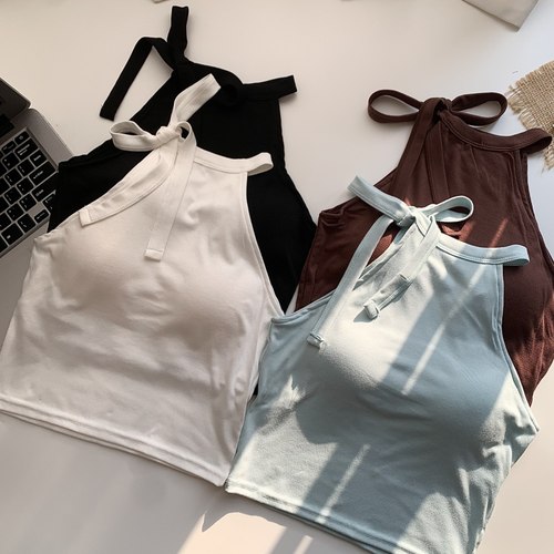 白色带胸垫挂脖吊带小背心女夏季外穿辣妹高级感绝美无袖短款上衣