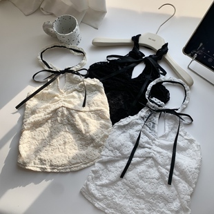纯欲风蕾丝性感秋冬新款 显瘦打底上衣 蝴蝶结系带挂脖吊带背心修身