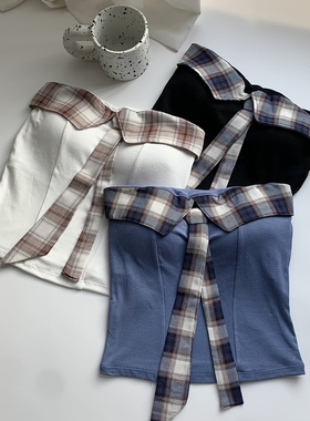 性感辣妹一字露肩带胸垫抹胸背心女收腰显瘦格子拼接翻领短款上衣