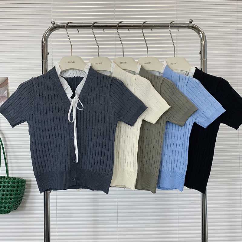 设计感小众V领系带针织短袖女夏