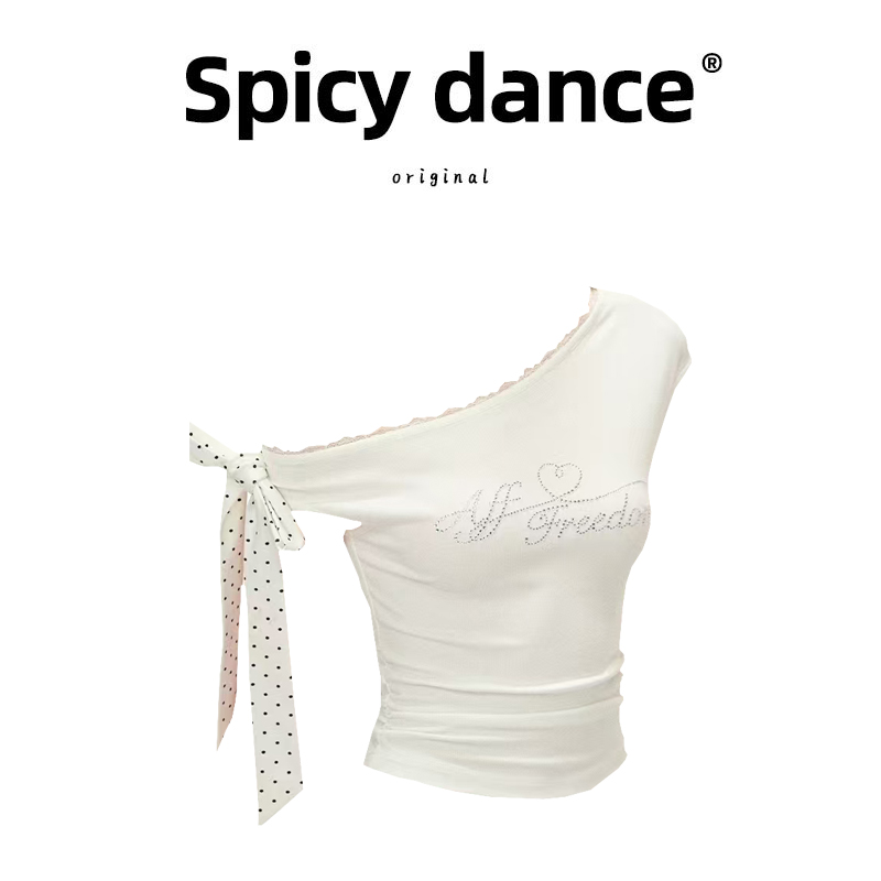 法式斜肩波点绑带短袖t恤女夏季