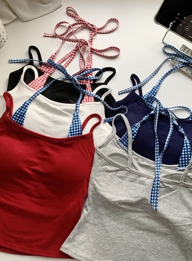 假两件挂脖吊带背心女内搭夏外穿带胸垫甜酷辣妹绝美无袖短款上衣