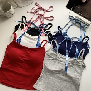 假两件挂脖吊带背心女内搭夏外穿带胸垫甜酷辣妹绝美无袖短款上衣