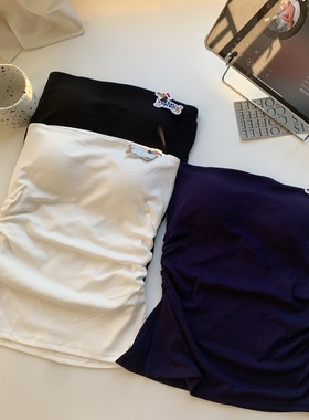 设计感褶皱藏蓝色抹胸女夏季2025新款修身显瘦短款辣妹外穿上衣潮