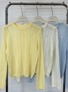 韩系别致黄色后背镂空长袖冰丝针织防晒罩衫女夏季高级感外搭上衣