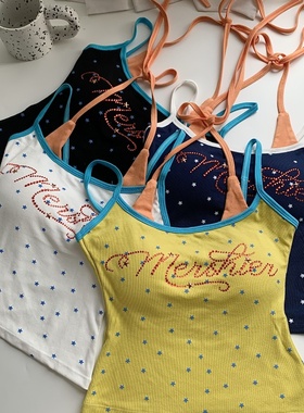 辣舞家撞色星星印花吊带背心女夏季字母烫钻带胸垫减龄短款上衣