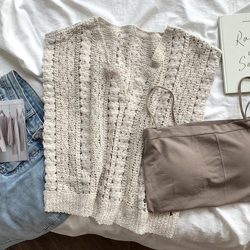 镂空钩花V领马甲无袖韩系上衣