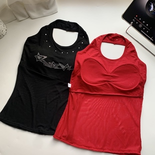 外穿甜酷辣妹无袖 新款 上衣 美式 纯欲风性感红色网纱挂脖背心女夏季