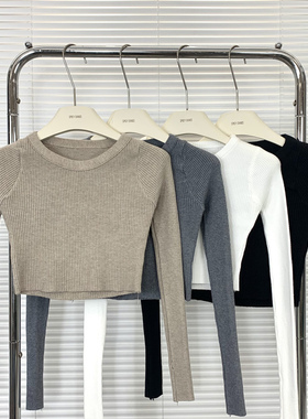 灰色长袖针织衫女2023秋冬内搭修身短款露脐洋气紧身打底衫上衣潮