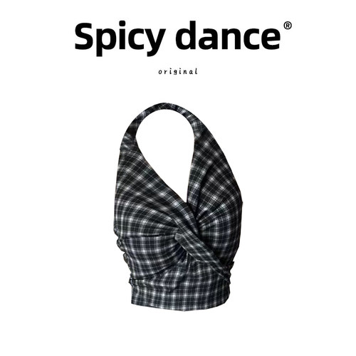 韩系甜辣穿搭挂脖格子抹胸上衣女