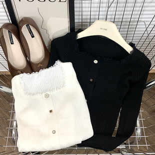 短款chic方领毛衣女秋冬外穿ins慵懒bf风内搭修身针织打底衫上衣
