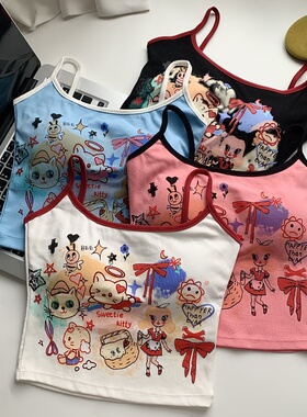 卡通趣味涂鸦印花吊带背心女夏季纯欲性感美背内搭带胸垫上衣外穿