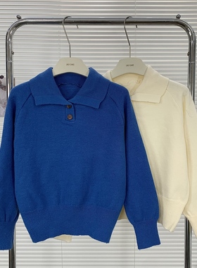高级感蓝色翻领长袖针织打底衫2025秋冬宽松短款显瘦毛衣内搭上衣