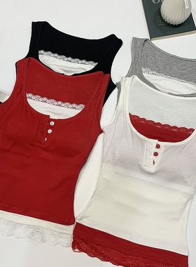 美式蕾丝假两件工字吊带背心女春夏外穿辣妹短款无袖红色打底上衣