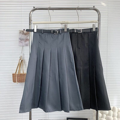 灰色高腰a字百褶半身裙女夏季