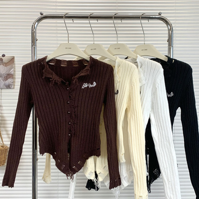 纯欲风设计感毛边V领毛衣女装