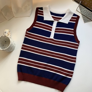 新款 复古撞色条纹polo领针织衫 夏季 美式 上衣潮 女修身 背心百搭无袖
