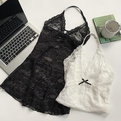 低领修身蕾丝挂脖吊带女早秋冬叠穿网纱钩花镂空内搭背心打底上衣