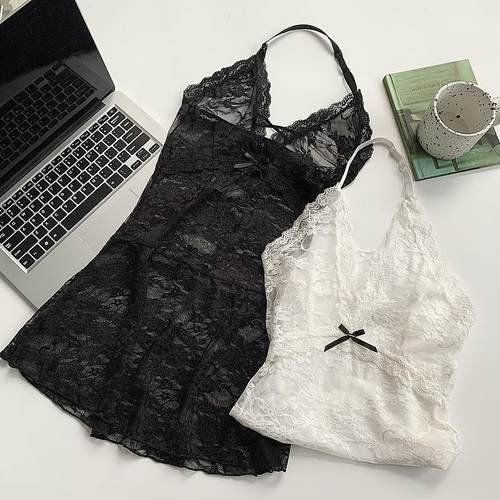 低领修身蕾丝挂脖吊带女早秋冬叠穿网纱钩花镂空内搭背心打底上衣