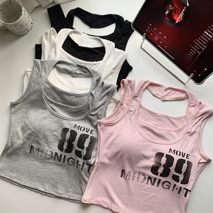 港味bm甜酷辣妹字母印花吊带背心女假两件u领挂脖露肩无袖 t恤上衣