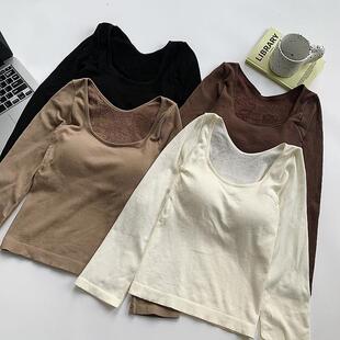 方领性感打底衫 女内搭皮草秋冬加绒加厚自带胸垫保暖内衣德绒上衣