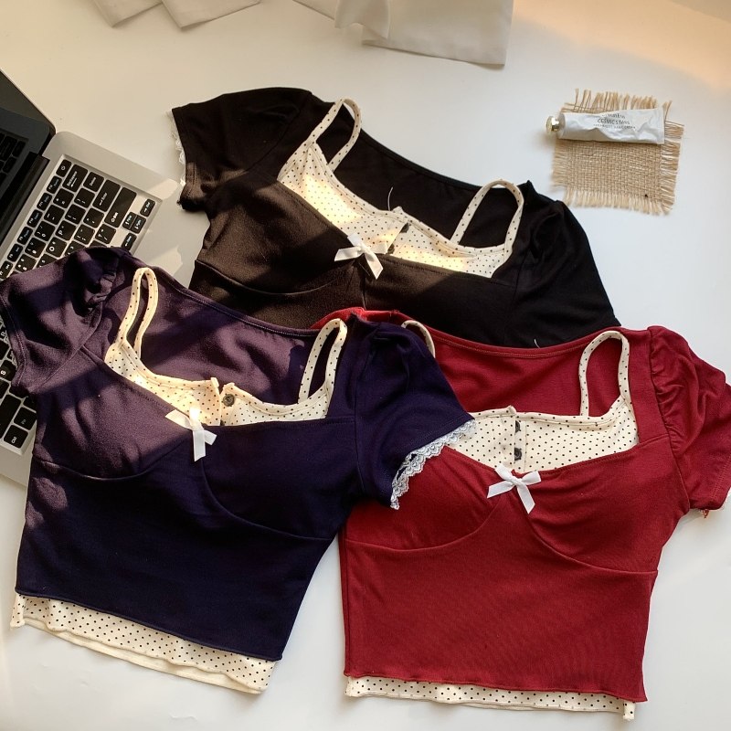 法式纯欲风复古波点吊带背心套装女蝴蝶结修身显瘦短袖T恤两件套,女装/女士精品,背心吊带,淘宝优惠券,粉丝福利购,淘宝优惠卷