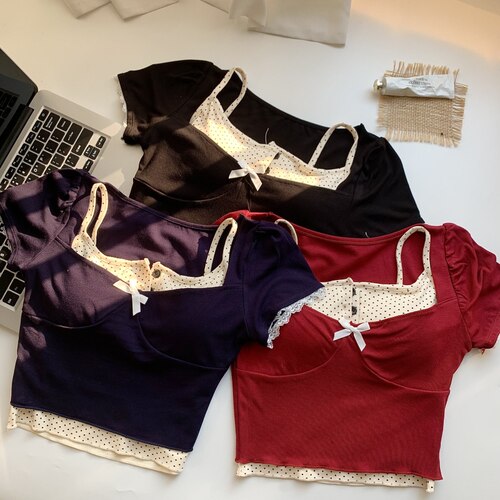 法式纯欲风复古波点吊带背心套装女蝴蝶结修身显瘦短袖T恤两件套