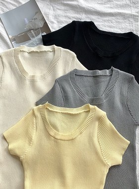 韩版黄色圆领冰丝针织衫短袖T恤女2024夏季新款修身打底外穿上衣
