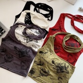 性感辣妹绝美无袖 韩系纯欲风挂脖设计感印花背心女夏季 新款 上衣潮